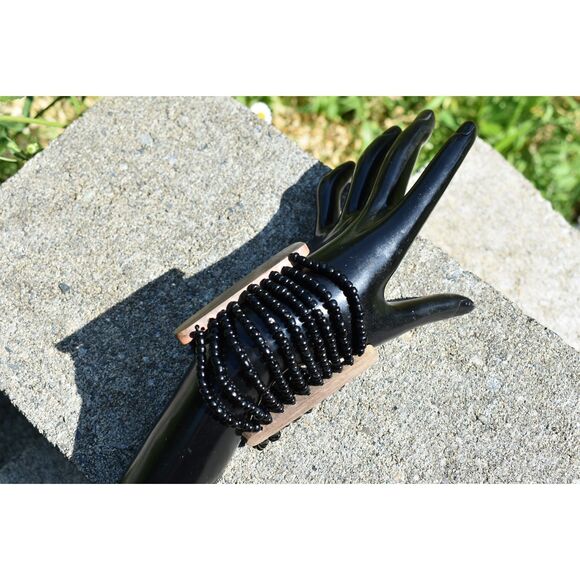 Sleek Black Beaded Bangle with Natural Wooden Staves Timeless Statement Piece - Picture 4 of 6